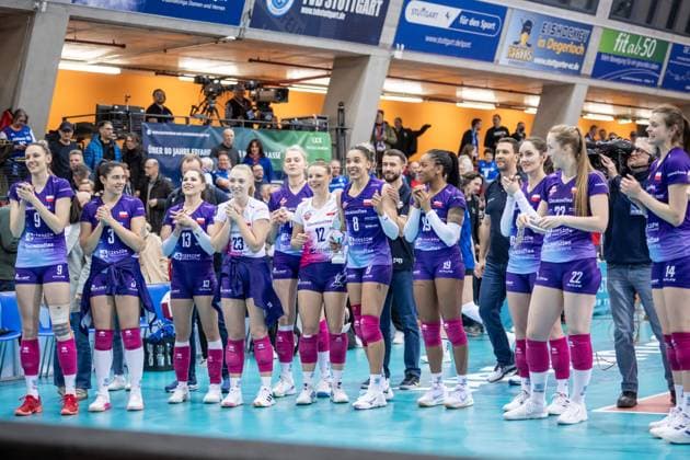 Cheers and joy for the Polish team after victory in Stuttgart GER, Allianz MTV Stuttgart vs KS DevelopRes Rzeszow, Volleyball, CEV Volleyball Champions League, Volleyball CL, VCL, Final round, Round of 16, 2024 2025 season, 06 02 2025 GER, Allianz MTV Stuttgart vs KS DevelopRes Rzeszow, Volleyball, CEV Volleyball Champions League, Volleyball CL, VCL, Final round, Round of 16, 2024 2025 season, 06 02 2025 Stuttgart Copyright: xSandyxDinkelackerx EP_SDR