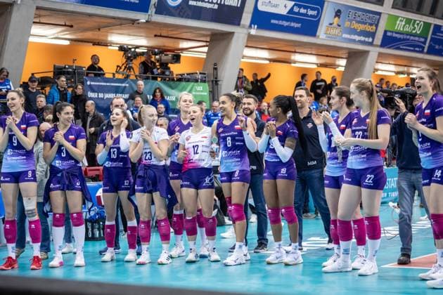Cheers and joy for the Polish team after victory in Stuttgart GER, Allianz MTV Stuttgart vs KS DevelopRes Rzeszow, Volleyball, CEV Volleyball Champions League, Volleyball CL, VCL, Final round, Round of 16, 2024 2025 season, 06 02 2025 GER, Allianz MTV Stuttgart vs KS DevelopRes Rzeszow, Volleyball, CEV Volleyball Champions League, Volleyball CL, VCL, Final round, Round of 16, 2024 2025 season, 06 02 2025 Stuttgart Copyright: xSandyxDinkelackerx EP_SDR