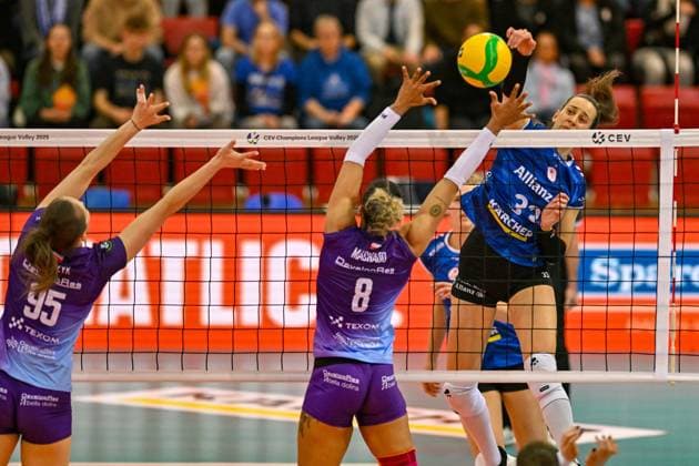 CEV CL Allianz MTV Stuttgart KS DevelopRes Rzeszów 06 02 2025 CEV, ChampionsLeague,, Volleyball, Women, Season 2024 25, Allianz MTV Stuttgart in blue , against KS DevelopRes Rzeszów Poland, in white purple , Maria Segura Palleres against 8 Sabrina de Jesus Machado, Copyright: xBEAUTIFULxSPORTS TomxBlochx