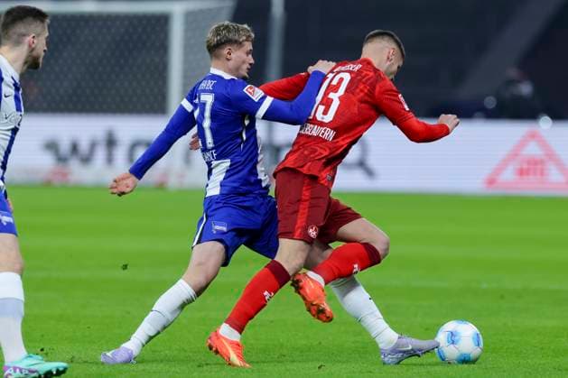 Michael Cuisance Hertha BSC Berlin and Erik Wekesser 1 FC Kaiserslautern battle for the ball, 2 Bundesliga, Hertha BSC vs 1 FC Kaiserslautern, Olympiastadion, February 8, 2025 in Berlin, Germany Photo by Marco Steinbrenner DeFodi Images Michael Cuisance Hertha BSC Berlin and Erik Wekesser 1 FC Kaiserslautern battle for the ball, 2 Bundesliga, Hertha BSC vs 1 FC Kaiserslautern, Olympiastadion, February 8, 2025 in Berlin, Germany Photo by Marco Steinbrenner DeFodi Images DFB DFL REGULATIONS PROHIBIT ANY USE OF PHOTOGRAPHS AS IMAGE SEQUENCES AND OR QUASI VIDEO Defodi 700 berlin fck 20250208 013 Defodi-700 DFB DFL REGULATIONS PROHIBIT ANY USE OF PHOTOGRAPHS AS IMAGE SEQUENCES AND OR QUASI-VIDEO.