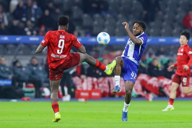 Ragnar Ache 1 FC Kaiserslautern and Deyovaisio Zeefuik Hertha BSC Berlin , 2 Bundesliga, Hertha BSC vs 1 FC Kaiserslautern, Olympiastadion on February 08, 2025 in Berlin, Germany Photo by Marco Steinbrenner DeFodi Images Ragnar Ache 1 FC Kaiserslautern and Deyovaisio Zeefuik Hertha BSC Berlin , 2 Bundesliga, Hertha BSC vs 1 FC Kaiserslautern, Olympiastadion, February 8, 2025 in Berlin, Germany Photo by Marco Steinbrenner DeFodi Images DFB DFL REGULATIONS PROHIBIT ANY USE OF PHOTOGRAPHS AS IMAGE SEQUENCES AND OR QUASI VIDEO Defodi 700 berlin fck 20250208 018 Defodi-700 DFB DFL REGULATIONS PROHIBIT ANY USE OF PHOTOGRAPHS AS IMAGE SEQUENCES AND OR QUASI-VIDEO.