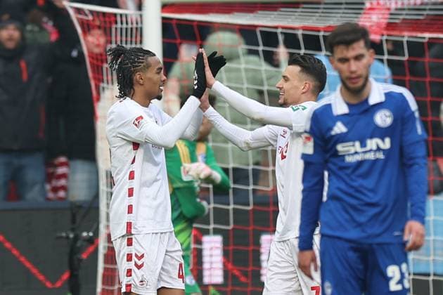 GER, 2 FBL, 1 FC Koeln vs FC Schalke 04 09 02 2025, Rheinenergie Stadion, Koeln, GER, 2 FBL, 1 FC Koeln vs FC Schalke 04, in the picture goal celebration jubilation, Damion Downs FC Koeln 42 , Dejan Ljubicic FC Koeln 7 , nordphotoxGmbHx xMeuter nph00351