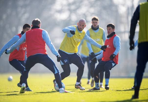 Football, Men, Season 2024 25, 2 Bundesliga, Hertha BSC, Training, f l Ibrahim Maza Hertha BSC , Marten Winkler Hertha BSC , Toni Leistner Hertha BSC , Diego Demme Hertha BSC , 11 02 2025, Copyright: xSebastianxRäppold MatthiasxKochx