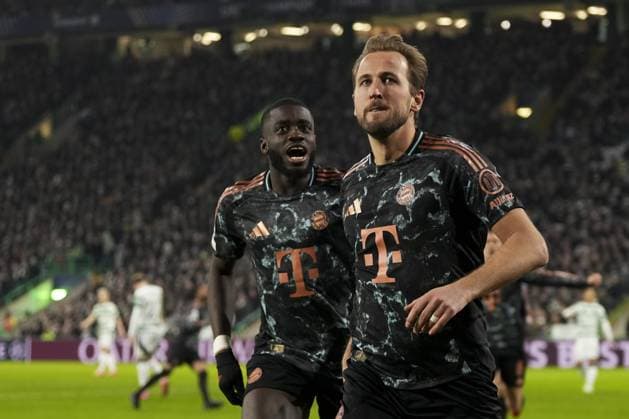 Harry Kane of Bayern Munich celebrates after scoring to give Bayern Munich a 0-2 lead Celtic v Bayern Munich, UEFA Champions League, Knockout Round Play-offs, First Leg, Football, Celtic Park, Glasgow, UK - 12 Feb 2025 EDITORIAL USE ONLY No use with unauthorised audio, video, data, fixture lists, club league logos or live services. Online in-match use limited to 120 images, no video emulation. No use in betting, games or single club league player publications. Copyright: xStuartxWallace Shutterstockx 15136907ck
