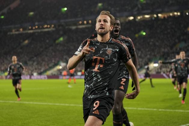 Harry Kane of Bayern Munich celebrates after scoring to give Bayern Munich a 0-2 lead Celtic v Bayern Munich, UEFA Champions League, Knockout Round Play-offs, First Leg, Football, Celtic Park, Glasgow, UK - 12 Feb 2025 EDITORIAL USE ONLY No use with unauthorised audio, video, data, fixture lists, club league logos or live services. Online in-match use limited to 120 images, no video emulation. No use in betting, games or single club league player publications. Copyright: xStuartxWallace Shutterstockx 15136907co