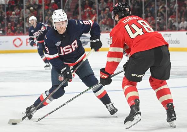 Eishockey, 4 Nations Face-Off in Montreal, Kanada - USA February 15, 2025, Montreal, Pq, Canada: United States Jack Eichel (9) takes a shot as Canada s Thomas Harley (48) defends during second period 4 Nations Face-Off hockey action in Montreal, Saturday, February 15, 2025. Jack Eichel, Thomas Harley, - ZUMAc35_ 20250215_zaf_c35_243 Copyright: xGrahamxHughesx