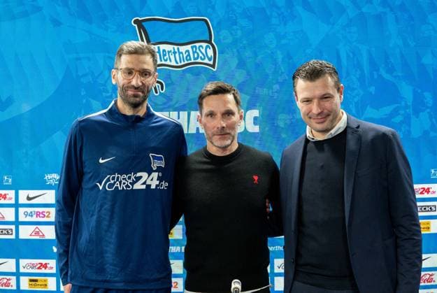 Soccer, Men, Season 2024 25, 2 Bundesliga, Hertha BSC, Press conference for the presentation of the new coach Stefan Leitl, in the picture from left Co coach Andre Mijatovic Hertha BSC , coach Stefan Leitl Hertha BSC , sports director Benjamin Weber Hertha BSC , 18 02 2025, Copyright: xSebastianxRäppold MatthiasxKochx