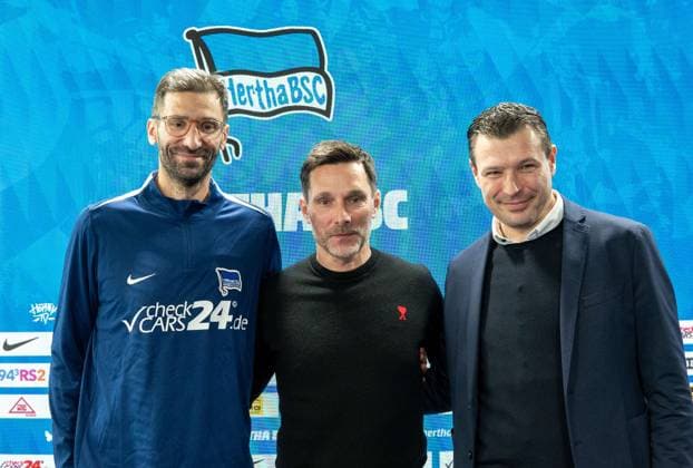 Soccer, Men, Season 2024 25, 2 Bundesliga, Hertha BSC, Press conference for the presentation of the new coach Stefan Leitl, in the picture from left Co coach Andre Mijatovic Hertha BSC , coach Stefan Leitl Hertha BSC , sports director Benjamin Weber Hertha BSC , 18 02 2025, Copyright: xSebastianxRäppold MatthiasxKochx