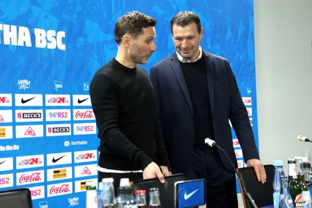 DEU, DFL, 2 FBL Hertha BSC, PK, 18 02 2025, Sportforum, Berlin, DEU, DFL, 2 FBL Hertha BSC, PK, im Bild Cheftrainer Stefan Leitl Hertha BSC Berlin , Co Trainer Andre Mijatovic Hertha BSC Berlin , Benjamin Weber Sportdirektor, Hertha BSC Berlin DFL regulations prohibit any use of Photographs as image sequences and or quasi video Foto Juergen Engler nordphoto GmbH nordphotoxGmbHx xEngler nph00076