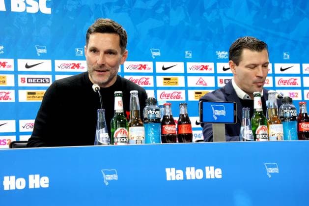 DEU, DFL, 2 FBL Hertha BSC, PK, 18 02 2025, Sportforum, Berlin, DEU, DFL, 2 FBL Hertha BSC, PK, im Bild Cheftrainer Stefan Leitl Hertha BSC Berlin , Co Trainer Andre Mijatovic Hertha BSC Berlin , Benjamin Weber Sportdirektor, Hertha BSC Berlin DFL regulations prohibit any use of Photographs as image sequences and or quasi video Foto Juergen Engler nordphoto GmbH nordphotoxGmbHx xEngler nph00076