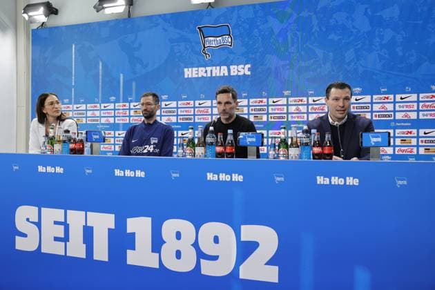 Vera Krings, Press Officer, Andre Mijatovic, Co Coach, Head Coach Stefan Leitl, Sports Director Benjamin Weber, Germany, Berlin, Sportpark, GER, 2 FBL, Hertha BSC, Season 2024 25, Press conference with the new Head Coach Stefan Leitl and Sports Director Benjamin Weber