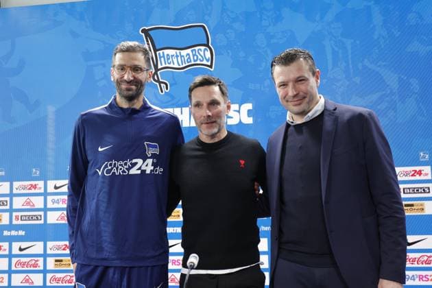 Andre Mijatovic, Co Coach, Head Coach Stefan Leitl, Sports Director Benjamin Weber, Germany, Berlin, Sportpark, GER, 2 FBL, Hertha BSC, Season 2024 25, Press conference with the new Head Coach Stefan Leitl and Sports Director Benjamin Weber