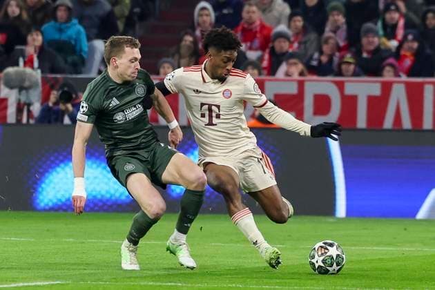 Alistair Johnston Celtic Glasgow and Kingsley Coman FC Bayern Muenchen battle for the ball, UEFA Champions League 2024 25 League Knockout Play off Second Leg, FC Bayern Munich v Celtic FC, Allianz Arena on February 18, 2025 in Munich, Germany Photo by Marco Steinbrenner DeFodi Images Alistair Johnston Celtic Glasgow and Kingsley Coman FC Bayern Muenchen battle for the ball, UEFA Champions League 2024 25 League Knockout Play off Second Leg, FC Bayern München v Celtic FC, Allianz Arena, February 18, 2025 in Munich, Germany Photo by Marco Steinbrenner DeFodi Images Defodi 700 muenchen glasgow 20250218 054 Defodi-700