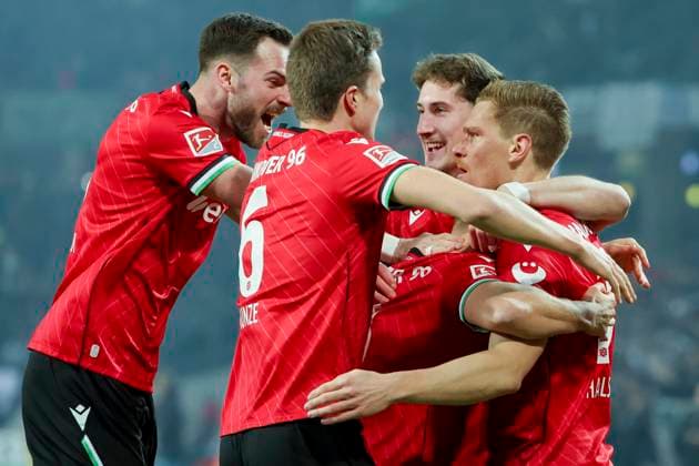 Marcel Halstenberg Hannover 96 celebrates his goal with teammates, 2 Bundesliga, Hannover 96 vs SC Paderborn 07, Heinz von Heiden Arena, February 22, 2025 in Hanover, Germany Photo by Marco Steinbrenner DeFodi Images Marcel Halstenberg Hannover 96 celebrates his goal with teammates, 2 Bundesliga, Hannover 96 vs SC Paderborn 07, Heinz von Heiden Arena, February 22, 2025 in Hanover, Germany Photo by Marco Steinbrenner DeFodi Images DFB DFL REGULATIONS PROHIBIT ANY USE OF PHOTOGRAPHS AS IMAGE SEQUENCES AND OR QUASI VIDEO