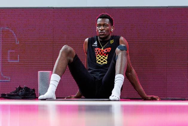 Isaac Bonga Germany, 00 , single picture, single photo, portrait, portraet, warm up, before the match, Germany vs Bulgaria, Basketball, FIBA EuroBasket 2025 Qualifiers, Group D Matchday 6, 23 02 2025 Germany vs Bulgaria, Basketball, FIBA EuroBasket 2025 Qualifiers, Group D Matchday 6, 23 02 2025 Bamberg Copyright: xEibner-Pressefoto G.xSantemizx EP_GSZ