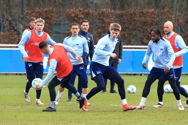 DEU, DFL, 2 FBL Hertha BSC, training, 25 02 2025, Sportforum, Berlin, DEU, DFL, 2 FBL Hertha BSC, training, in the picture head coach Stefan Leitl Hertha BSC Berlin , Luca Schuler Hertha BSC Berlin 18 , Marten Winkler Hertha BSC Berlin 22 , Diego Demme Hertha BSC Berlin 6 , Deyovaisio Zeefuik Hertha BSC Berlin 42 , Toni Leistner Hertha BSC Berlin 37 , Michal Karbownik Hertha BSC Berlin 33 DFL regulations prohibit any use of Photographs as image sequences and or quasi video Foto Juergen Engler nordphoto GmbH nordphotoxGmbHx xEngler nph00076