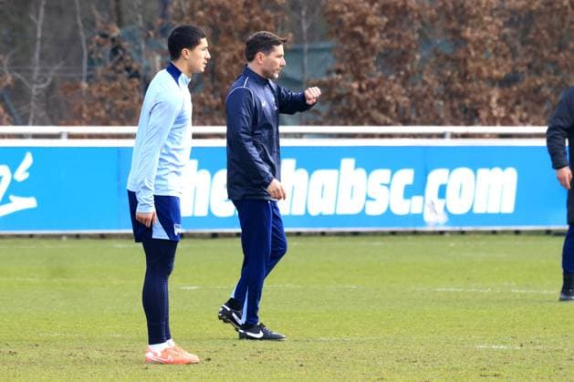 DEU, DFL, 2 FBL Hertha BSC, Training, 25 02 2025, Sportforum, Berlin, DEU, DFL, 2 FBL Hertha BSC, Training, im Bild Cheftrainer Stefan Leitl Hertha BSC Berlin , Ibrahim Maza Hertha BSC Berlin 10 DFL regulations prohibit any use of Photographs as image sequences and or quasi video Foto Juergen Engler nordphoto GmbH nordphotoxGmbHx xEngler nph00076