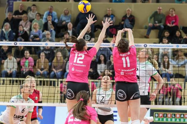 Wiesbaden, Germany February 26, 2025 1 VBL Women 2024 2025 VC Wiesbaden vs USC Münster In the picture Nina Herelova VCW, 12 , Elena Kömmling Koemmling Münster, 7 , Celine Jebens VCW, 11 , Rosa Entius Münster, 5 , Halle am Platz der deutschen Ein Berlin Copyright: xFotostandx xUlrichxScherbaumx