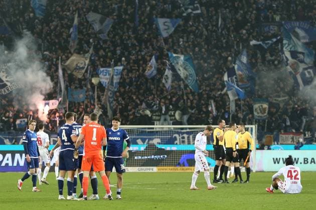 01 03 2025, xrekx, Soccer 2 Bundesliga, Karlsruher SC 1 FC Köln v l KSC celebrates victory Fans ,Atmosphere, Scarves, Shirt, Flag, Banner, Ultras, Spectators, Visitors, Choreo, Choreography, atmosphere, spectators, Visitors DFL DFB REGULATIONS PROHIBIT ANY USE OF PHOTOGRAPHS as IMAGE SEQUENCES and or QUASI VIDEO Karlsruhe