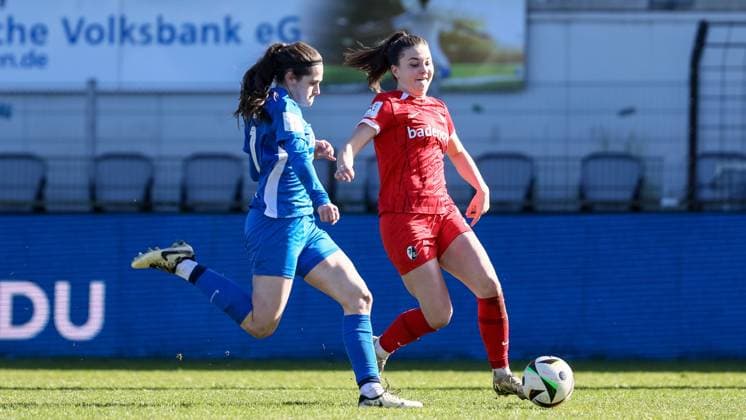 from left Marie Bleil SV Meppen, 7 and Leonie Lorenz SC Freiburg II, 5 in a duel, dynamic, action, action, game scene, THE DFB REGULATIONS PROHIBIT ANY USE OF PHOTOGRAPHS AS IMAGE SEQUENCES AND OR QUASI VIDEO , 02 03 2025, Meppen Germany , Football, 2 Womens Bundesliga, SV Meppen SC Freiburg II xobx