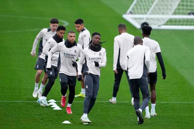March 3, 2025, Valdebebas, Madrid, SPAIN: Eduardo Camavinga, Kylian Mbappe and Rodrygo Goes during the training day ahead of the UEFA Champions League, football match against Atletico de Madrid, at Ciudad Deportiva Real Madrid on March 03, 2025, in Madrid, Spain. Valdebebas SPAIN - ZUMAa181 20250303_zaa_a181_156 Copyright: xOscarxJ.xBarrosox