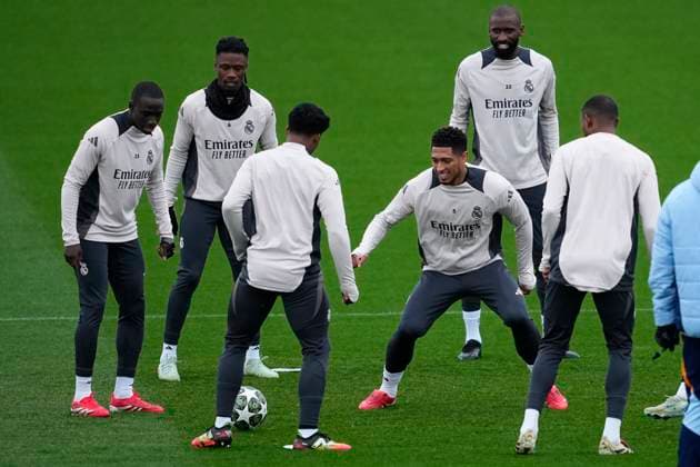 March 3, 2025, Valdebebas, Madrid, SPAIN: Ferland Mendy, Eduardo Camavinga, Endrick Moreira, Jude Bellingham and Antonio Rudiger during the training day ahead of the UEFA Champions League, football match against Atletico de Madrid, at Ciudad Deportiva Real Madrid on March 03, 2025, in Madrid, Spain. Valdebebas SPAIN - ZUMAa181 20250303_zaa_a181_176 Copyright: xOscarxJ.xBarrosox