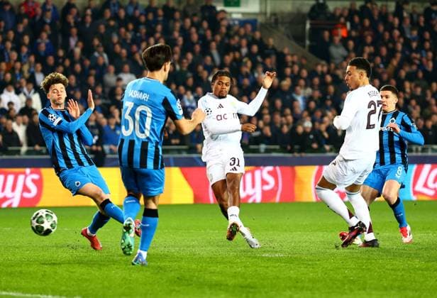 Leon Bailey of Aston Villa scores a goal to make the score 0-1. Club Brugge v Aston Villa, UEFA Champions League, Round of 16, First Leg, Football, Jan Breydel Stadium, Brugge, Belgium - 04 Mar 2025 EDITORIAL USE ONLY No use with unauthorised audio, video, data, fixture lists, club league logos or live services. Online in-match use limited to 120 images, no video emulation. No use in betting, games or single club league player publications. Copyright: xJamesxMarsh Shutterstockx 15176976am
