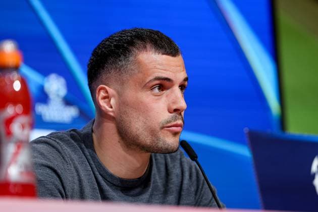 Granit Xhaka Bayer 04 Leverkusen, 34 at the press conference, GER, International press conference, Bayer 04 Leverkusen, Football, UEFA Champions League, Round of 16 first leg, 2024 2025 season, 04 03 2025, GER, International press conference, Bayer 04 Leverkusen, Football, UEFA Champions League, Round of 16 first leg, 2024 2025 season, 04 03 2025 Muenchen Copyright: xEibner-Pressefoto JennixMaulx EP_JML