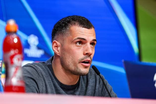 Granit Xhaka Bayer 04 Leverkusen, 34 at the press conference, GER, International press conference, Bayer 04 Leverkusen, Football, UEFA Champions League, Round of 16 first leg, 2024 2025 season, 04 03 2025, GER, International press conference, Bayer 04 Leverkusen, Football, UEFA Champions League, Round of 16 first leg, 2024 2025 season, 04 03 2025 Muenchen Copyright: xEibner-Pressefoto JennixMaulx EP_JML