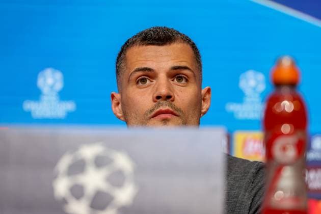 Granit Xhaka Bayer 04 Leverkusen, 34 at the press conference, GER, International press conference, Bayer 04 Leverkusen, Football, UEFA Champions League, Round of 16 first leg, 2024 2025 season, 04 03 2025, GER, International press conference, Bayer 04 Leverkusen, Football, UEFA Champions League, Round of 16 first leg, 2024 2025 season, 04 03 2025 Muenchen Copyright: xEibner-Pressefoto JennixMaulx EP_JML