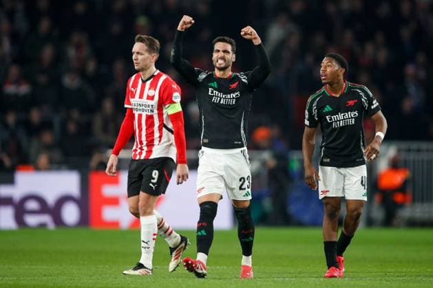 Mikel Merino of Arsenal celebrates scoring a goal for their side to make it 3-0 PSV Eindhoven v Arsenal, UEFA Champions League, Round of 16, First Leg, Football, Philips Stadion, Eindhoven, Netherlands - 04 Mar 2025 EDITORIAL USE ONLY No use with unauthorised audio, video, data, fixture lists, club league logos or live services. Online in-match use limited to 120 images, no video emulation. No use in betting, games or single club league player publications. Copyright: xBartxStoutjesdijk Shutterstockx 15176980at