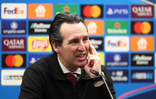 . - Club Brugge KV v Aston Villa FC, UEFA Champions League, Round of 16 first leg, Jan Breydelstadion, Brugge, Belgium. - 4th March 2025. Daniel Weir Crystal Pix Unai Emery Manager of Aston Villa post match press conference, PK, Pressekonferenz - Club Brugge KV v Aston Villa FC, UEFA Champions League, Round of 16 first leg, Jan Breydelstadion, Brugge, Belgium. - 4th March 2025. Daniel Weir Crystal Pix Bruges Jan Breydelstadion Belgium Copyright: xDanielxWeirx CP_Club_Brugge_Aston_Villa_09