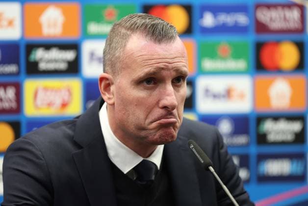 . - Club Brugge KV v Aston Villa FC, UEFA Champions League, Round of 16 first leg, Jan Breydelstadion, Brugge, Belgium. - 4th March 2025. Daniel Weir Crystal Pix Nicky Hayen Manager of Club Brugge looks disappointed & dejected during his post match press conference, PK, Pressekonferenz - Club Brugge KV v Aston Villa FC, UEFA Champions League, Round of 16 first leg, Jan Breydelstadion, Brugge, Belgium. - 4th March 2025. Daniel Weir Crystal Pix Bruges Jan Breydelstadion Belgium Copyright: xDanielxWeirx CP_Club_Brugge_Aston_Villa_16