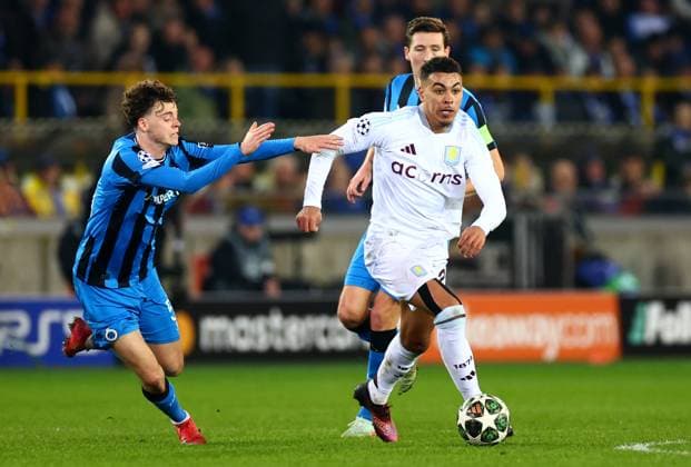 Maxim De Cuyper of Club Brugge and Morgan Rogers of Aston Villa. Club Brugge v Aston Villa, UEFA Champions League, Round of 16, First Leg, Football, Jan Breydel Stadium, Brugge, Belgium - 04 Mar 2025 EDITORIAL USE ONLY No use with unauthorised audio, video, data, fixture lists, club league logos or live services. Online in-match use limited to 120 images, no video emulation. No use in betting, games or single club league player publications. Copyright: xJamesxMarsh Shutterstockx 15176976cm