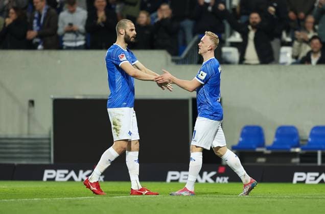07 03 2025, xdcx, Soccer 2 Bundesliga, SV Darmstadt 98 Karlsruher SC, emonline, emspor, despor, v l , Goal celebration to 1 0 by Isac Lidberg SV Darmstadt 98 , Aleksandar Vukotic SV Darmstadt 98 , Goal celebration, celebrate the goal DFL DFB REGULATIONS PROHIBIT ANY USE OF PHOTOGRAPHS AS IMAGE SEQUENCES AND OR QUASI VIDEO Copyright: HMBxMedia Claus