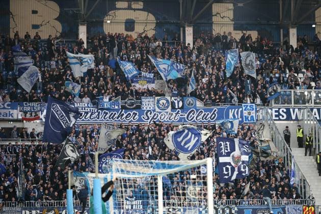 07 03 2025, xrekx, Soccer 2 Bundesliga, SV Darmstadt 98 Karlsruher SC v l KSC Fans ,Atmosphere, Scarves, Shirt, Flag, Banner, Ultras, Spectators, Visitors, Choreo, Choreography, atmosphere, spectators, Visitors DFL DFB REGULATIONS PROHIBIT ANY USE OF PHOTOGRAPHS as IMAGE SEQUENCES and or QUASI VIDEO Darmstadt