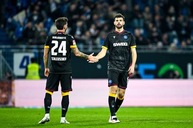 Fabian Schleusener Karlsruher SC, 24 and Luca Pfeiffer Karlsruher SC, 16 after the match, GER, SV Darmstadt 98 vs Karlsruher SC, Football, Matchday 25, Season 2024 2025, 07 03 2025 DFL REGULATIONS PROHIBIT ANY USE OF PHOTOGRAPHS as IMAGE SEQUENCES and or QUASI VIDEO GER, SV Darmstadt 98 vs Karlsruher SC, Football, Matchday 25, Season 2024 2025, 07 03 2025 Darmsatdt Copyright: xEibner-Pressefoto FlorianxWieganx EP_FWD