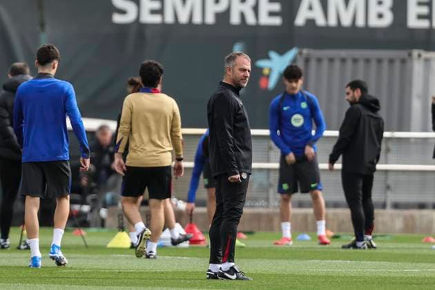March 10, 2025, Sant Joan Despi, Barcelona, SPAIN: Hansi Flick, head coach during the training day of FC Barcelona, Barca ahead UEFA Champions League, football match against SL Benfica at Ciudad Esportiva Joan Gamper on March 10, 2025 in Sant Joan Despi, Barcelona, Spain. Sant Joan Despi SPAIN - ZUMAa181 20250310_zaa_a181_002 Copyright: xJavierxBorregox