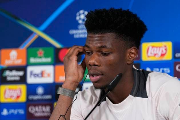 March 11, 2025, Valdebebas, Madrid, SPAIN: Aurelien Tchouameni attends his press conference, PK, Pressekonferenz during the training day of Real Madrid ahead the UEFA Champions League, Round of 16 second round, football match against Atletico de Madrid at Ciudad Deportiva Real Madrid on March11, 2025, in Valdebebas, Madrid, Spain. Valdebebas SPAIN - ZUMAa181 20250311_zaa_a181_008 Copyright: xOscarxJ.xBarrosox