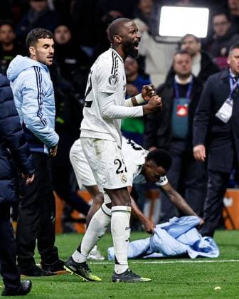 Antonio Rüdiger of Real Madrid celebrates at full-time Atletico Madrid v Real Madrid, UEFA Champions League, Round of 16, Second Leg, Football, Riyadh Air Metropolitano Stadium, Madrid, Spain - 12 Mar 2025 EDITORIAL USE ONLY No use with unauthorised audio, video, data, fixture lists, club league logos or live services. Online in-match use limited to 120 images, no video emulation. No use in betting, games or single club league player publications. Copyright: xRubenxAlbarran Shutterstockx 15188186bs