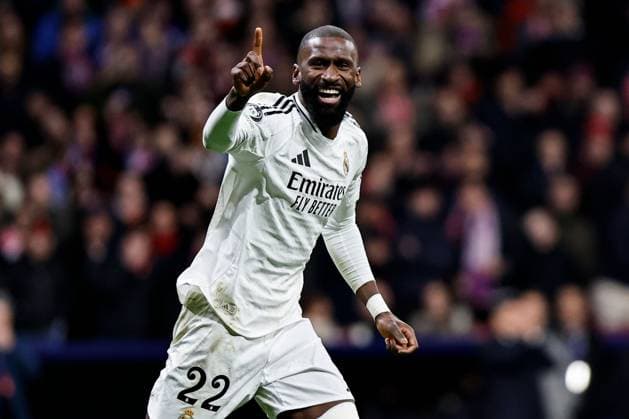 Antonio Rüdiger of Real Madrid celebrates scoring the winning penalty Atletico Madrid v Real Madrid, UEFA Champions League, Round of 16, Second Leg, Football, Riyadh Air Metropolitano Stadium, Madrid, Spain - 12 Mar 2025 EDITORIAL USE ONLY No use with unauthorised audio, video, data, fixture lists, club league logos or live services. Online in-match use limited to 120 images, no video emulation. No use in betting, games or single club league player publications. Copyright: xRubenxAlbarran Shutterstockx 15188186ch