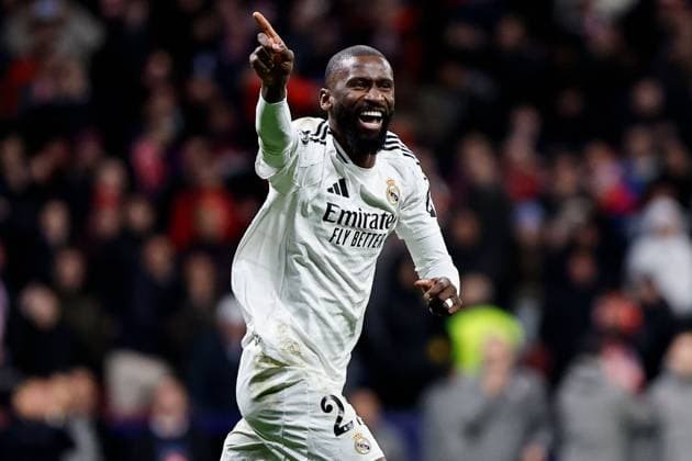 Antonio Rüdiger of Real Madrid celebrates scoring the winning penalty Atletico Madrid v Real Madrid, UEFA Champions League, Round of 16, Second Leg, Football, Riyadh Air Metropolitano Stadium, Madrid, Spain - 12 Mar 2025 EDITORIAL USE ONLY No use with unauthorised audio, video, data, fixture lists, club league logos or live services. Online in-match use limited to 120 images, no video emulation. No use in betting, games or single club league player publications. Copyright: xRubenxAlbarran Shutterstockx 15188186cc