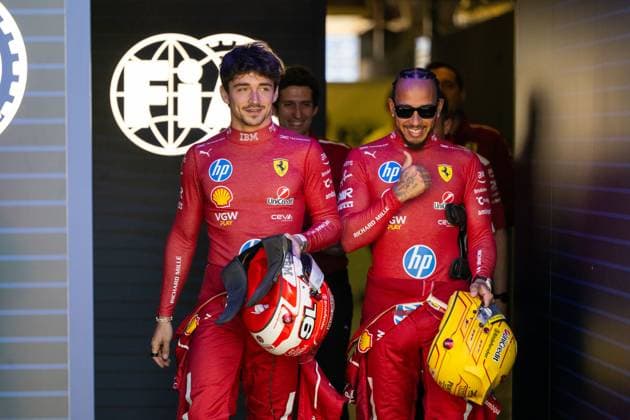Charles Leclerc Scuderia Ferrari HP, 16 , Lewis Hamilton Scuderia Ferrari HP, 44 leave the FIA Garage, AUS, Formula 1 World Championship, Luis Vuitton Australian Grand Prix, Albert Park Circuit Melbourne, Media Day, 2025 season, 13 03 2025 AUS, Formula 1 World Championship, Luis Vuitton Australian Grand Prix, Albert Park Circuit Melbourne, Media Day, 2025 season, 13 03 2025 Melbourne Copyright: xEibner-Pressefoto Memmlerx EP_MMR