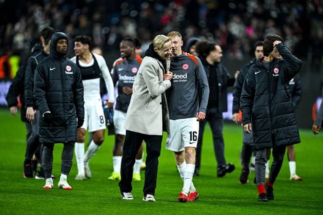 Oscar Hojlund Eintracht Frankfurt, 06 and Hugo Larsson Eintracht Frankfurt, 16 are happy about the victory, GER, Eintracht Frankfurt vs Ajax Amsterdam, Football, UEFA Europa League, Round of 16, second leg, Match time 2024 25, 13 03 2025 GER, Eintracht Frankfurt vs Ajax Amsterdam, Football, UEFA Europa League, Round of 16, second leg, Match time 2024 25, 13 03 2025 Frankfurt am Main Copyright: xEibner-Pressefoto FlorianxWiegandx EP_FWD
