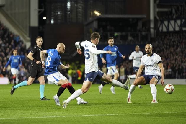 Vaclav Cerny of Rangers shoots at goal but fails to score Rangers v Fenerbahce, UEFA Europa League, Round of 16, Second Leg, Football, Ibrox Stadium, Glasgow, Scotland, UK - 13 Mar 2025 EDITORIAL USE ONLY No use with unauthorised audio, video, data, fixture lists, club league logos or live services. Online in-match use limited to 120 images, no video emulation. No use in betting, games or single club league player publications. Copyright: xStuartxWallace Shutterstockx 15188226bl