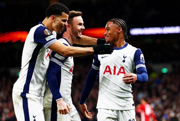 Wilson Odobert of Tottenham Hotspur celebrates scoring a goal after making the score 3-1. Tottenham Hotspur v AZ Alkmaar, UEFA Europa League, Round of 16, Second Leg, Football, Tottenham Hotspur Stadium, London, UK - 13 Mar 2025 EDITORIAL USE ONLY No use with unauthorised audio, video, data, fixture lists, club league logos or live services. Online in-match use limited to 120 images, no video emulation. No use in betting, games or single club league player publications. Copyright: xJamesxMarsh Shutterstockx 15188196bt