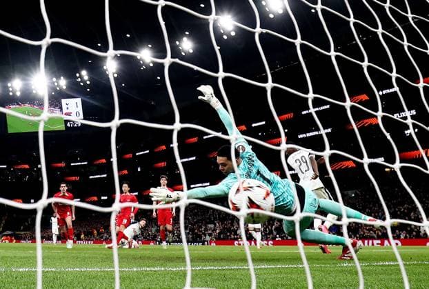 James Maddison of Tottenham Hotspur scores a goal to make the score 2-0. Tottenham Hotspur v AZ Alkmaar, UEFA Europa League, Round of 16, Second Leg, Football, Tottenham Hotspur Stadium, London, UK - 13 Mar 2025 EDITORIAL USE ONLY No use with unauthorised audio, video, data, fixture lists, club league logos or live services. Online in-match use limited to 120 images, no video emulation. No use in betting, games or single club league player publications. Copyright: xJamesxMarsh Shutterstockx 15188196cb