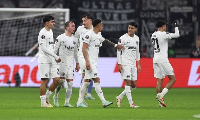 13 03 2025, Football UEFA Europa League, Eintracht Frankfurt Ajax AFC Amsterdam, emonline, emspor, v l , Goal celebration to 4 1 by Mario Götze Eintracht Frankfurt , Goal celebration, celebrate the goal, Nathaniel Brown Eintracht Frankfurt , Mahmoud Dahoud Eintracht Frankfurt , Can Uzun Eintracht Frankfurt DFL DFB REGULATIONS PROHIBIT ANY USE OF PHOTOGRAPHS AS IMAGE SEQUENCES AND OR QUASI VIDEO xdcx Copyright: HMBxMedia Claus