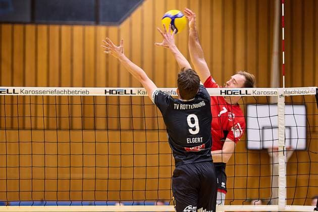 Attack by Jannik Weber TUS Kriftel, 07 against the single block by Samuel Elgert TV Rottenburg, 09 GER, TuS Kriftel against TV Rottenburg,Volleyball, 2 Bundesliga, 19 Matchday, Season 2024 2025, 15 03 25 GER, TuS Kriftel against TV Rottenburg,Volleyball, 2 Bundesliga, 19 Matchday, Season 2024 2025, 15 03 25 Kriftel Copyright: xEibner-Pressefoto GeraldxOelze-dexStoppanyx EP-ODS
