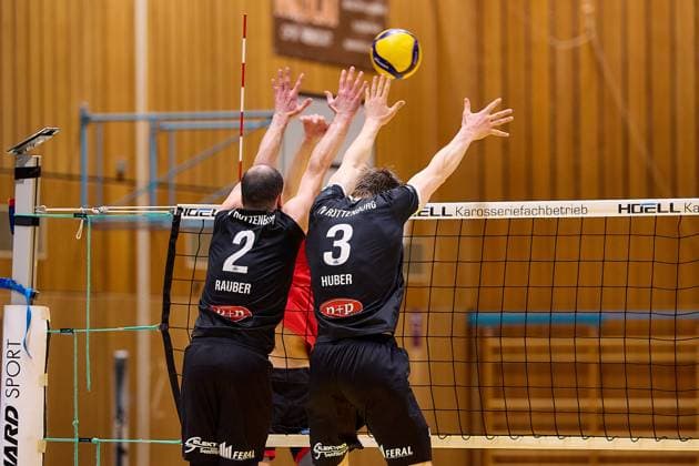 Double block by Moritz Rauber TV Rottenburg, 02 and Jan Huber TV Rottenburg, 03 against the attack by Marius Buechi TUS Kriftel, 16 GER, TuS Kriftel against TV Rottenburg,Volleyball, 2 Bundesliga, Matchday 19, Season 2024 2025, 15 03 25 GER, TuS Kriftel against TV Rottenburg,Volleyball, 2 Bundesliga, Matchday 19, Season 2024 2025, 15 03 25 Kriftel Copyright: xEibner-Pressefoto GeraldxOelze-dexStoppanyx EP-ODS
